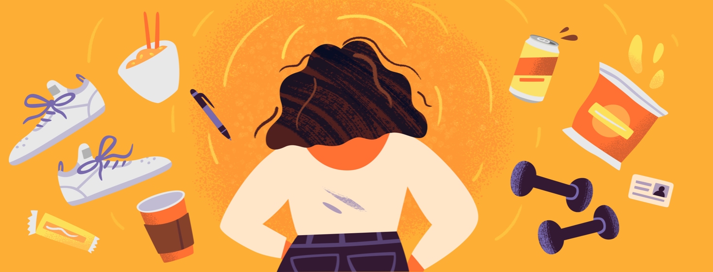 Woman with healthy and unhealthy items floating around her, maintaining a healthy balance.