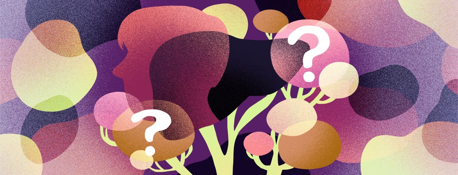The silhouette of a liver is surrounded by question marks, branches representing bile ducts and a silhouette of a person's face