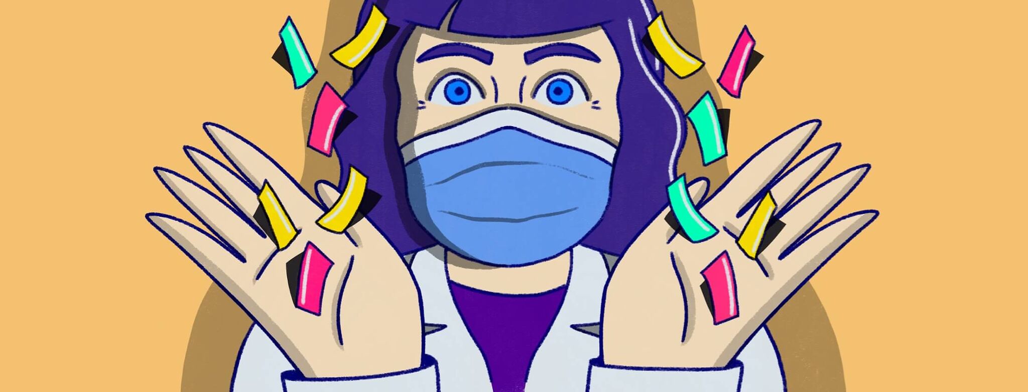 A happy doctor throws streamers in the air