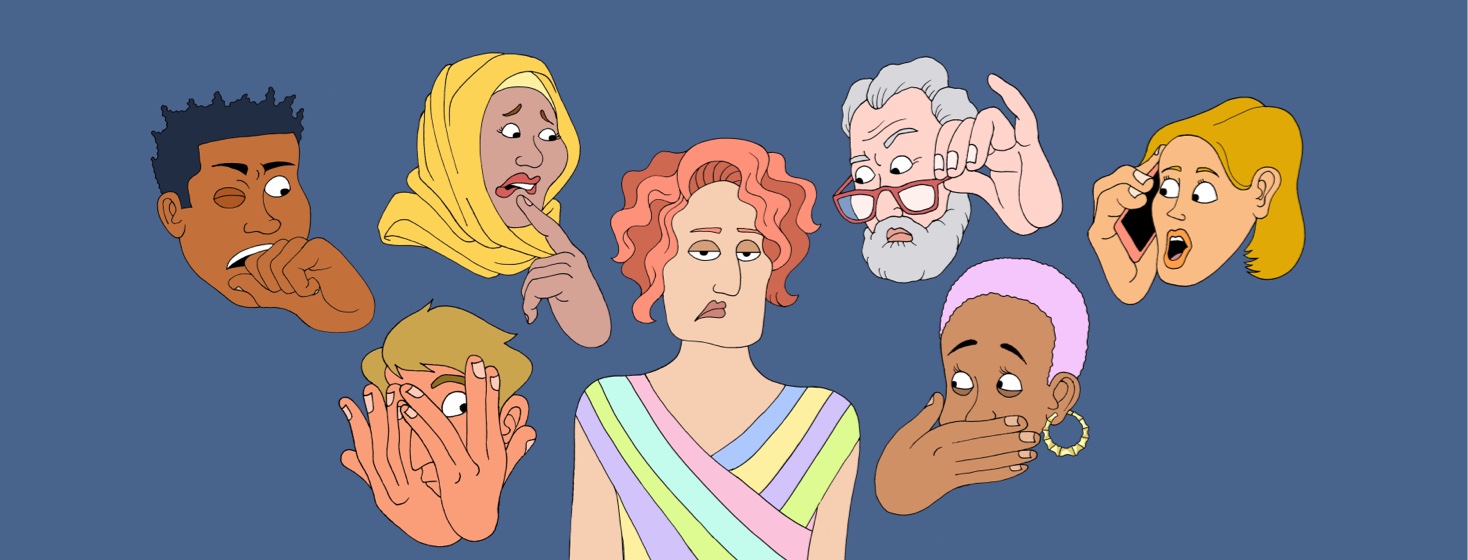 people gawking at a woman with an annoyed facial expression
