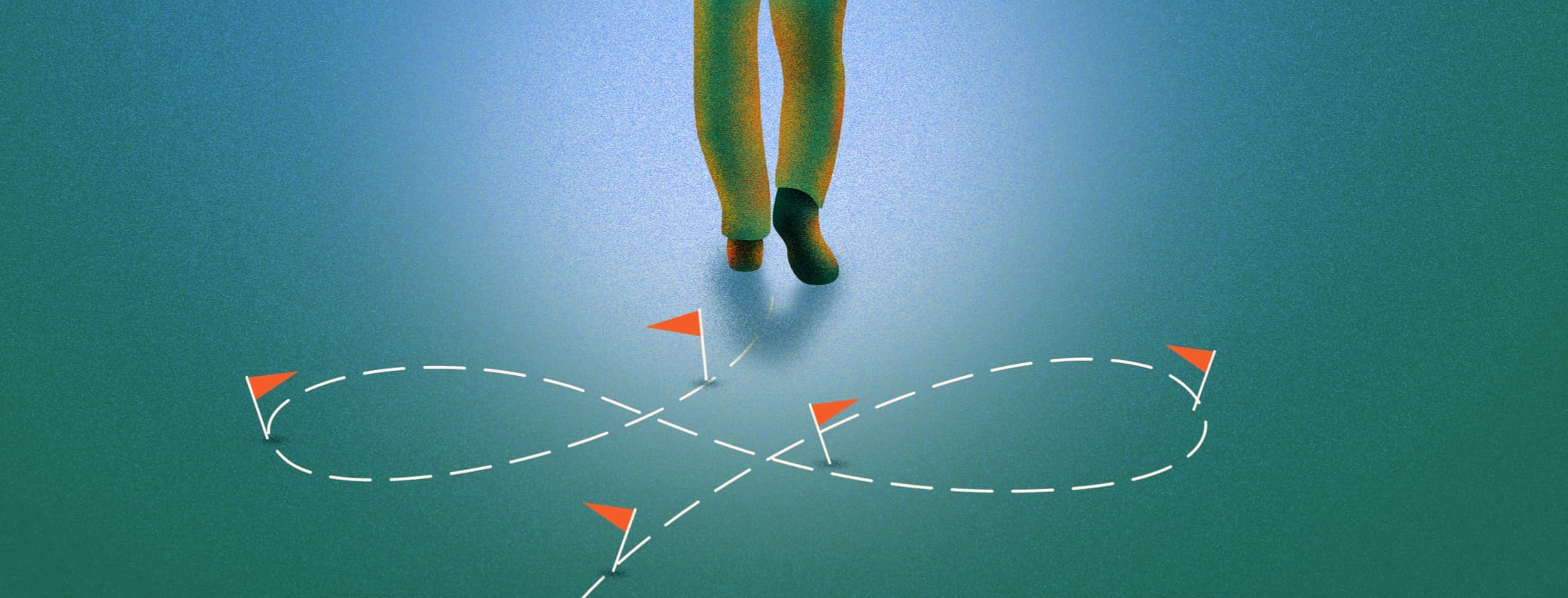 A person walking with a dashed path line behind them with small flags on the path